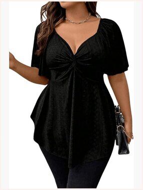 Plus Size Short Sleeve Peplum Top Twist Front Sweetheart V Neck Asymmetrical
